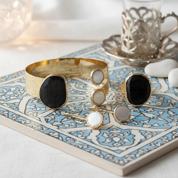 Turkish Artisan Luxury Jewelry Set 18K Gold Plated Brass Genuine Gemstones - Picture 6 of 11